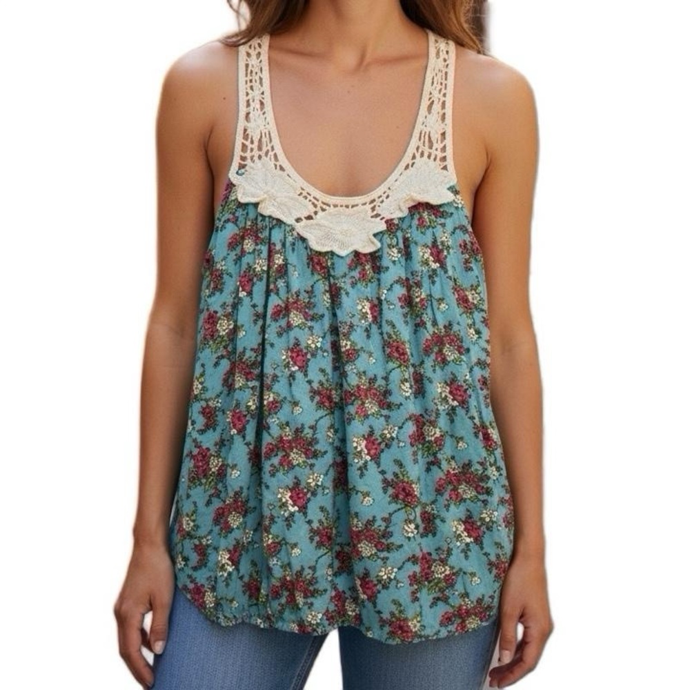 Iris Basic Floral Tank Top, Light Blue with Crochet Racerback - Summer - size‎ S
